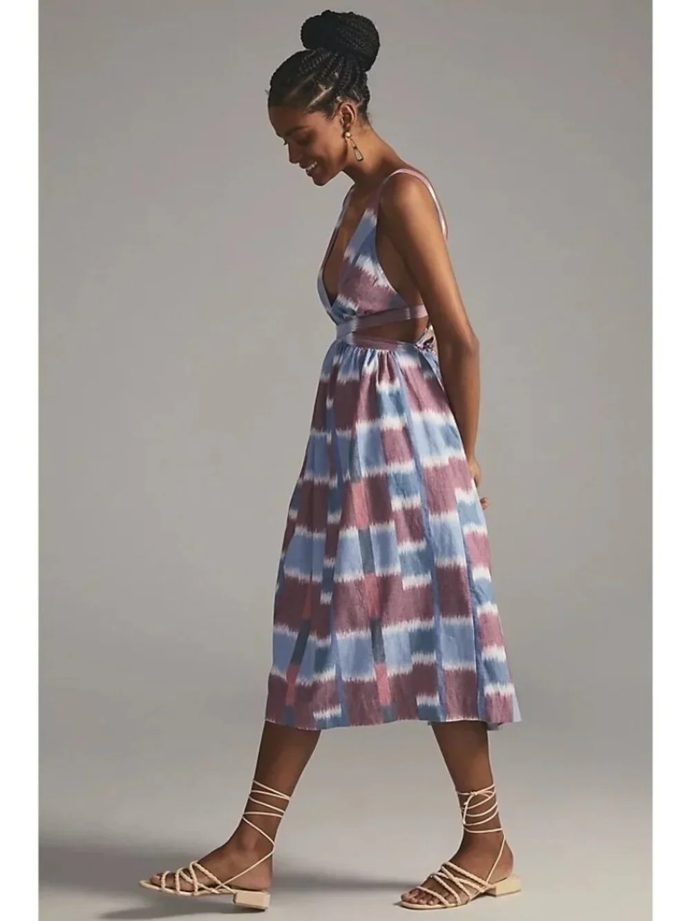 Anthropologie Deep V Strappy Back Tie Midi Dress - Picture 3 of 6